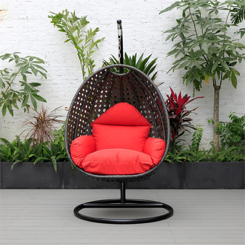 LeisureMod Charcoal Wicker Patio Egg Swing Chair with Stand in Red