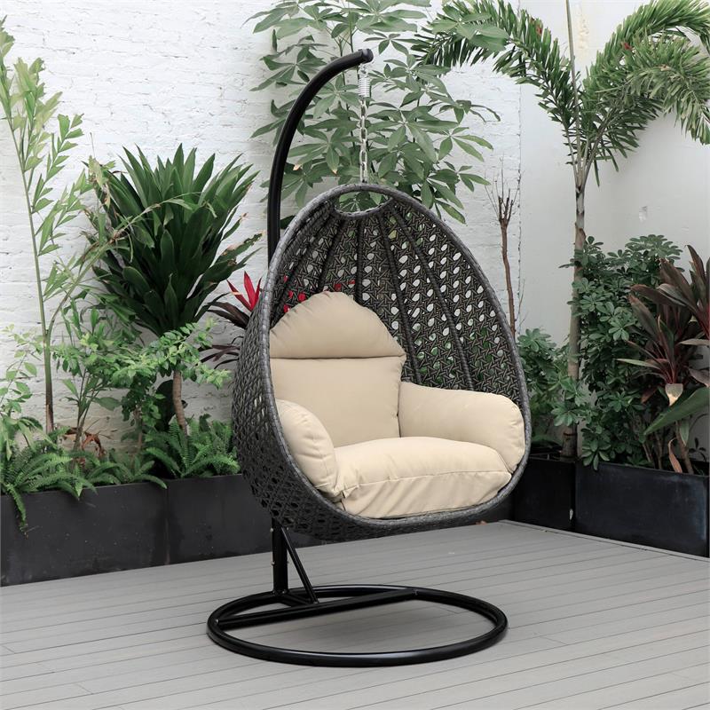 LeisureMod Charcoal Wicker Patio Egg Swing Chair with Stand in Taupe