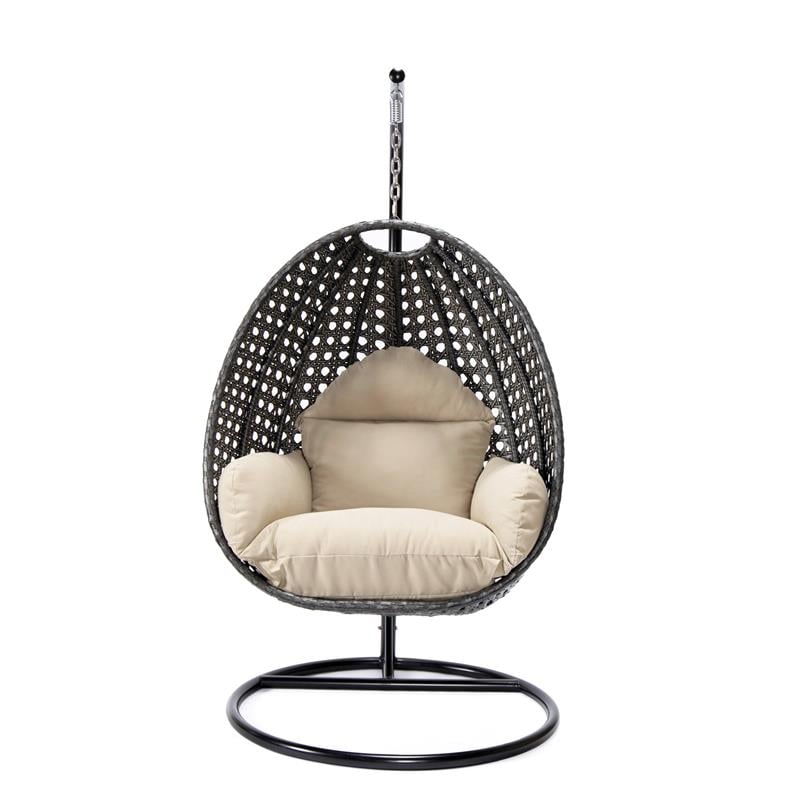 LeisureMod Charcoal Wicker Patio Egg Swing Chair with Stand in Taupe