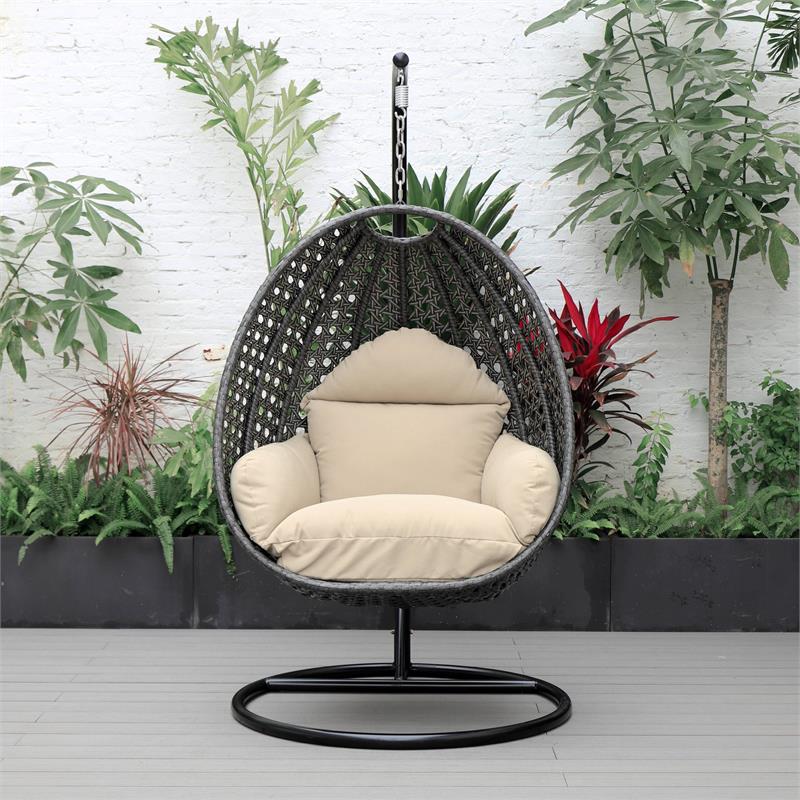 LeisureMod Charcoal Wicker Patio Egg Swing Chair with Stand in Taupe