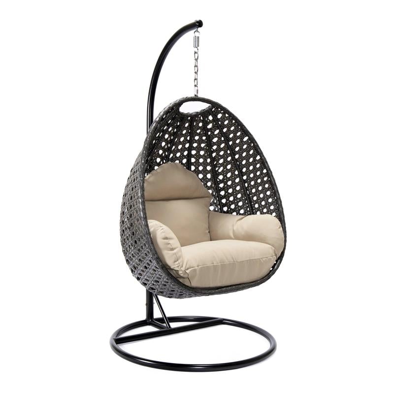 LeisureMod Charcoal Wicker Patio Egg Swing Chair with Stand in Taupe