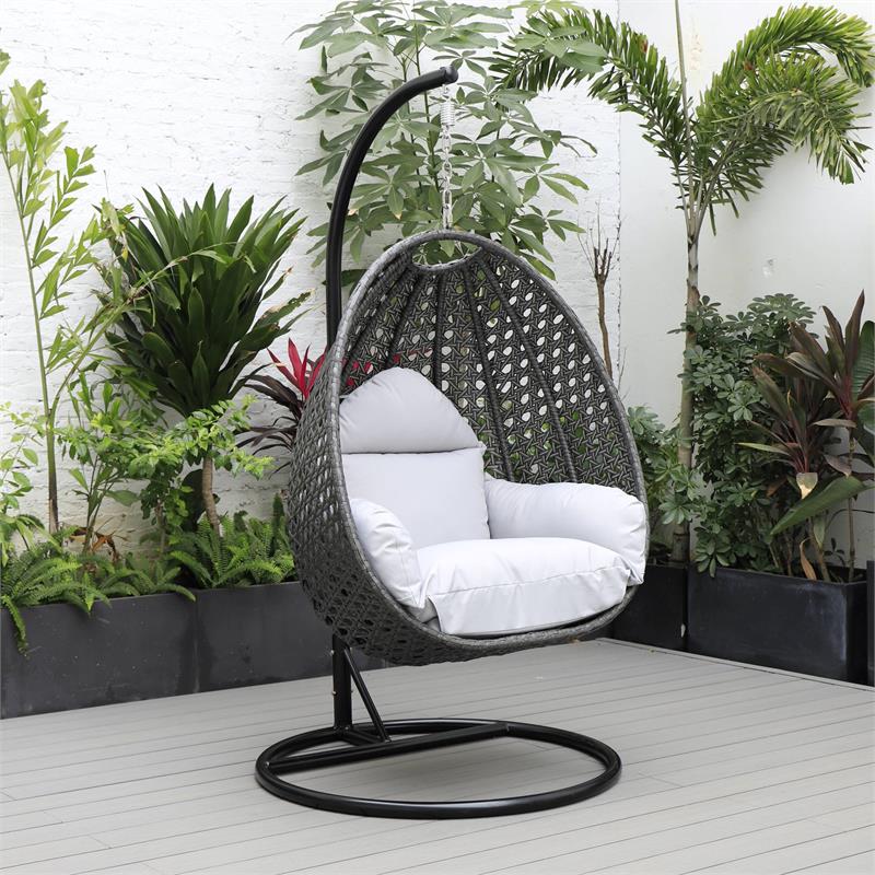 LeisureMod Charcoal Wicker Patio Egg Swing Chair with Stand in Light Grey