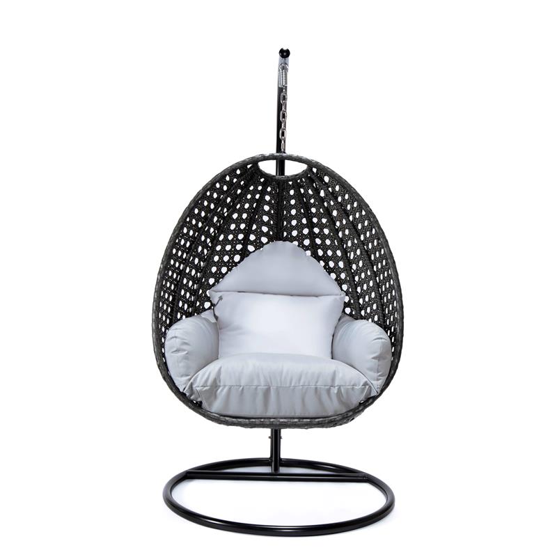 LeisureMod Charcoal Wicker Patio Egg Swing Chair with Stand in Light Grey