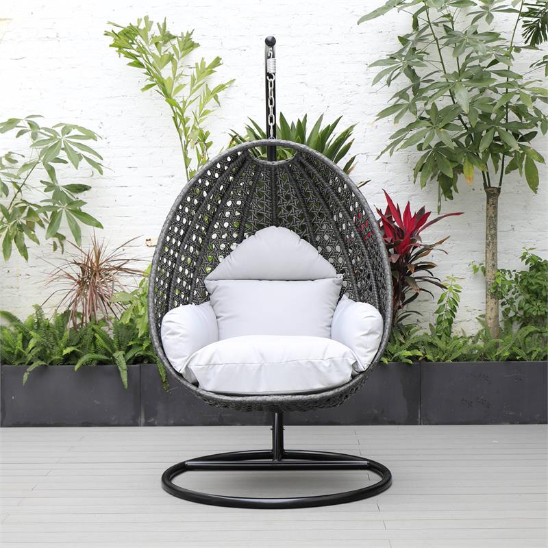LeisureMod Charcoal Wicker Patio Egg Swing Chair with Stand in Light Grey
