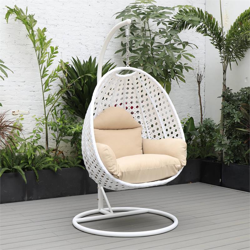 LeisureMod White Wicker Patio Egg Swing Chair with Stand in Beige
