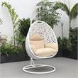 LeisureMod White Wicker Patio Egg Swing Chair with Stand in Beige