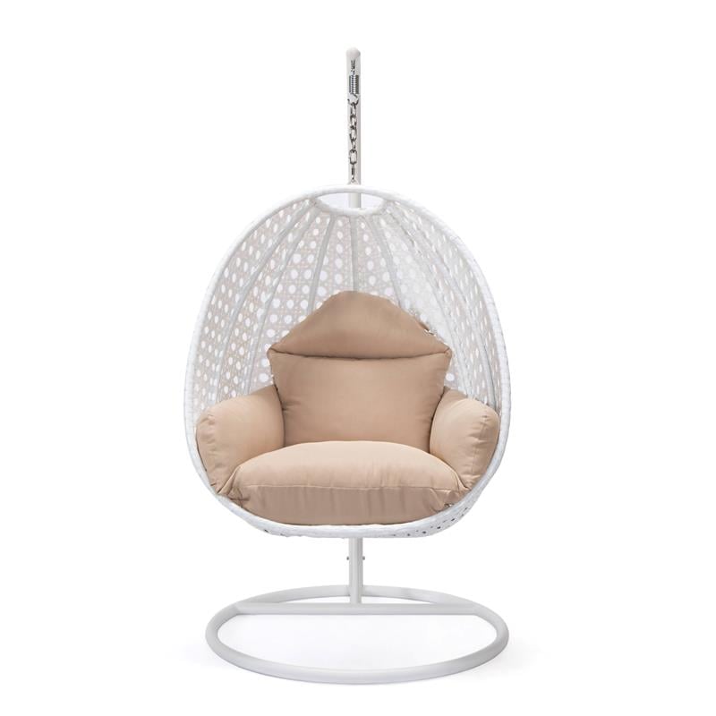 LeisureMod White Wicker Patio Egg Swing Chair with Stand in Beige