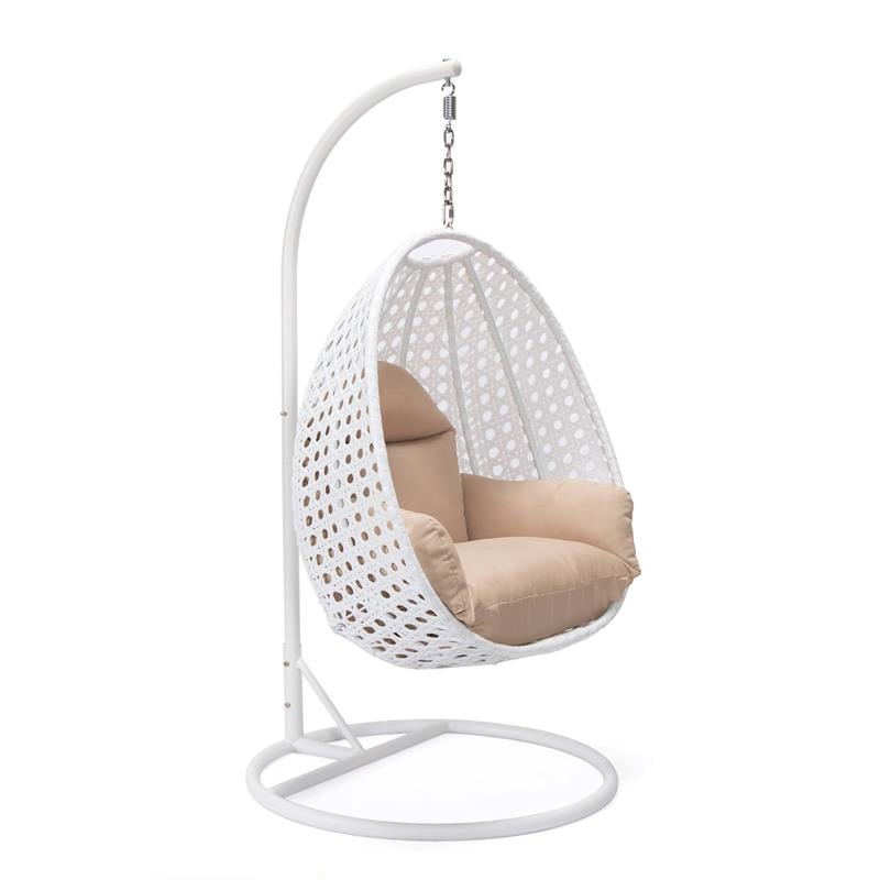LeisureMod White Wicker Patio Egg Swing Chair with Stand in Beige