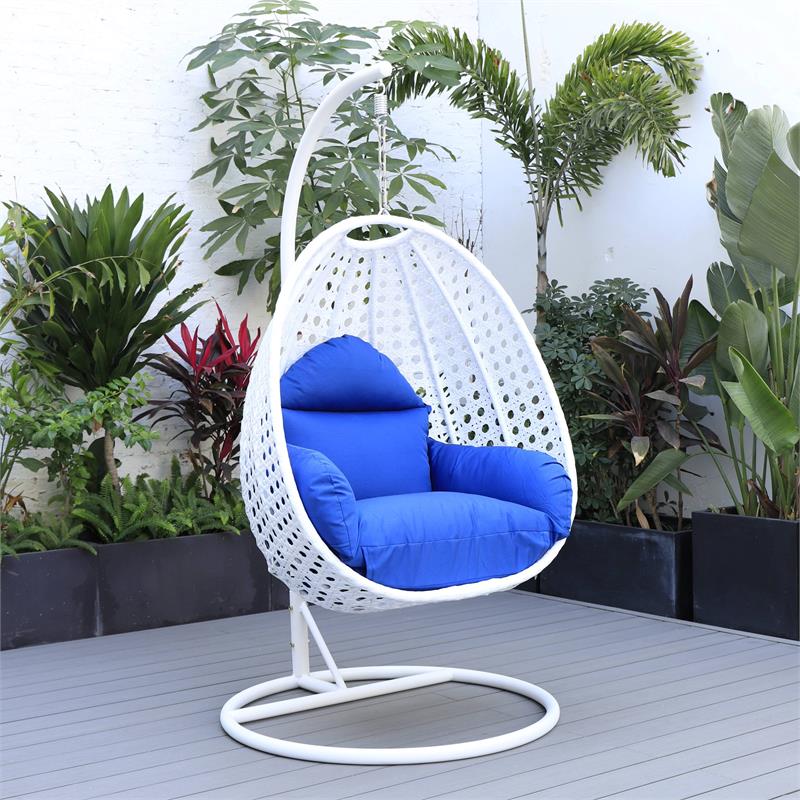 LeisureMod White Wicker Patio Egg Swing Chair with Stand in Blue