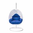 LeisureMod White Wicker Patio Egg Swing Chair with Stand in Blue