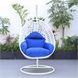 LeisureMod White Wicker Patio Egg Swing Chair with Stand in Blue
