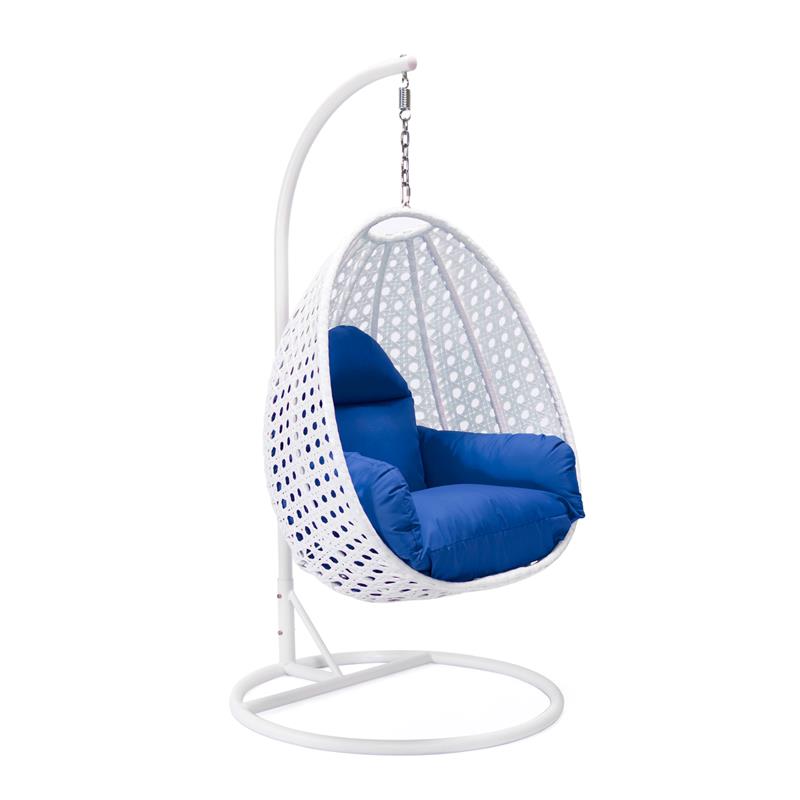 LeisureMod White Wicker Patio Egg Swing Chair with Stand in Blue