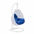 LeisureMod White Wicker Patio Egg Swing Chair with Stand in Blue