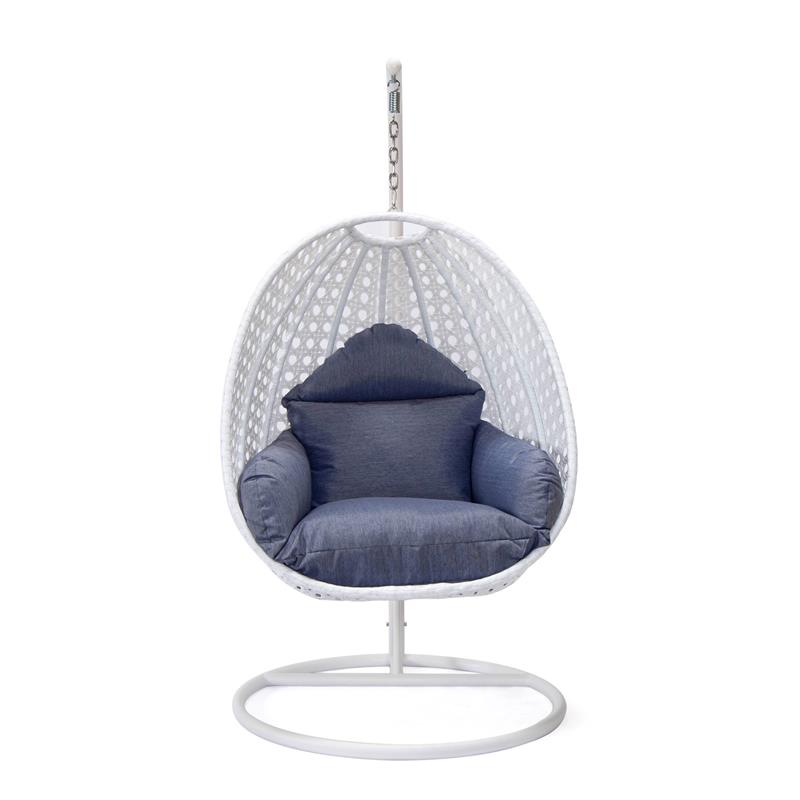 LeisureMod White Wicker Patio Egg Swing Chair with Stand in Charcoal Blue