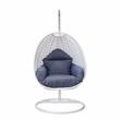 LeisureMod White Wicker Patio Egg Swing Chair with Stand in Charcoal Blue