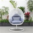 LeisureMod White Wicker Patio Egg Swing Chair with Stand in Charcoal Blue