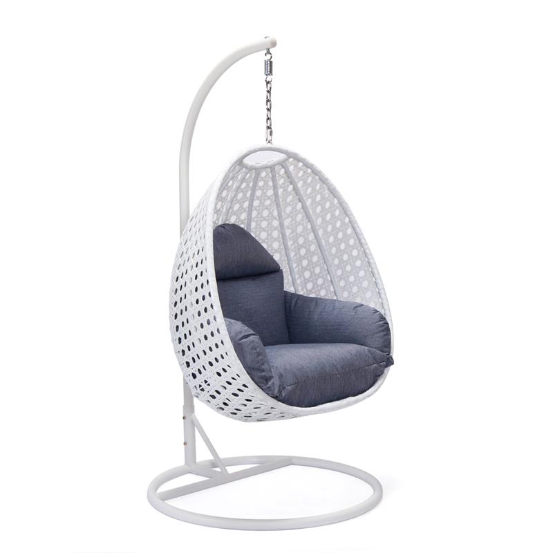 LeisureMod White Wicker Patio Egg Swing Chair with Stand in Charcoal Blue