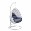 LeisureMod White Wicker Patio Egg Swing Chair with Stand in Charcoal Blue