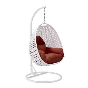 LeisureMod White Wicker Patio Egg Swing Chair with Stand in Cherry