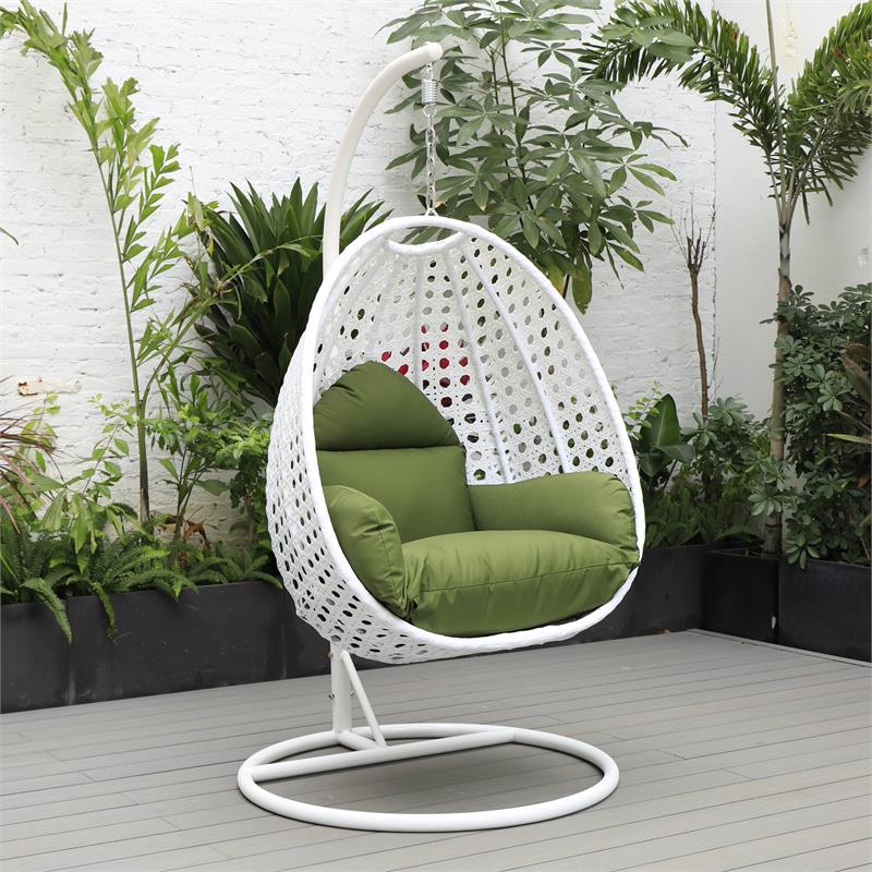 LeisureMod White Wicker Patio Egg Swing Chair with Stand in Dark Green