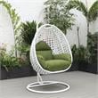 LeisureMod White Wicker Patio Egg Swing Chair with Stand in Dark Green