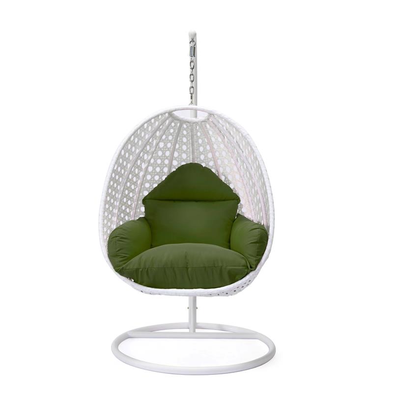 LeisureMod White Wicker Patio Egg Swing Chair with Stand in Dark Green