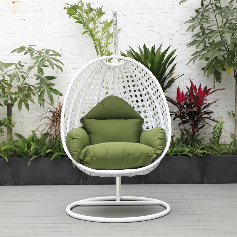 LeisureMod White Wicker Patio Egg Swing Chair with Stand in Dark Green