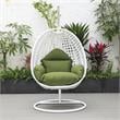 LeisureMod White Wicker Patio Egg Swing Chair with Stand in Dark Green