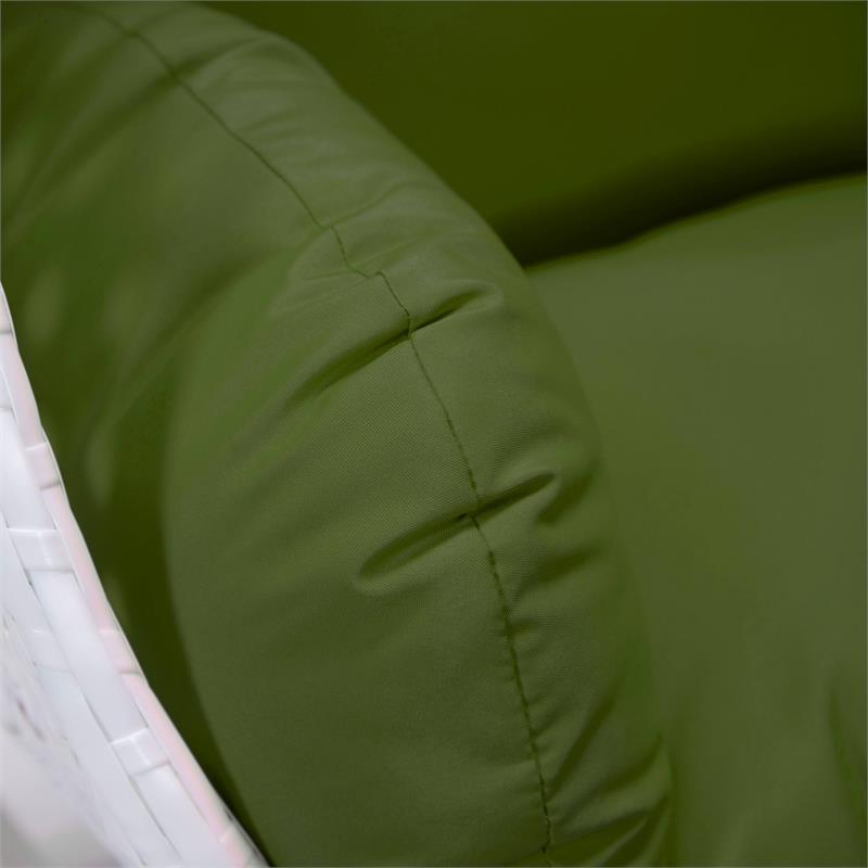 LeisureMod White Wicker Patio Egg Swing Chair with Stand in Dark Green