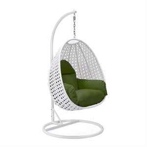 LeisureMod White Wicker Patio Egg Swing Chair with Stand in Dark Green