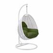 LeisureMod White Wicker Patio Egg Swing Chair with Stand in Dark Green