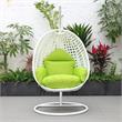 LeisureMod White Wicker Patio Egg Swing Chair with Stand in Light Green