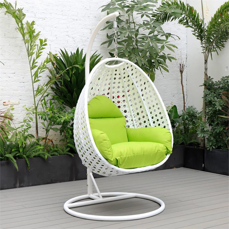 LeisureMod White Wicker Patio Egg Swing Chair with Stand in Light Green