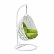 LeisureMod White Wicker Patio Egg Swing Chair with Stand in Light Green