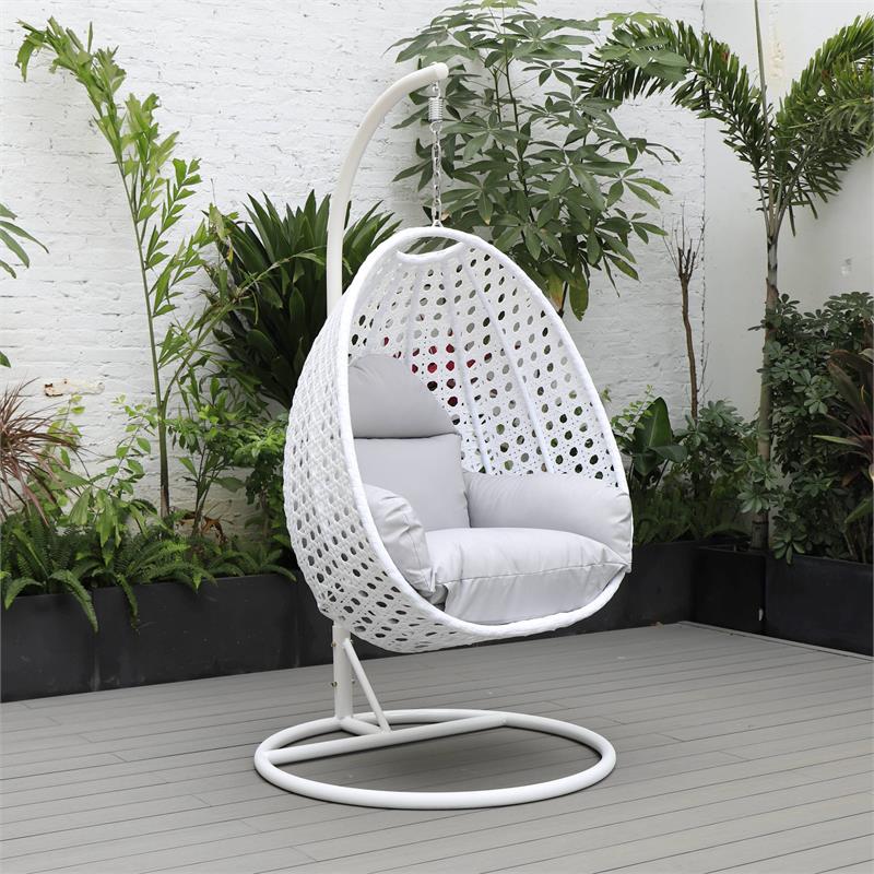 LeisureMod White Wicker Patio Egg Swing Chair with Stand in Light Grey