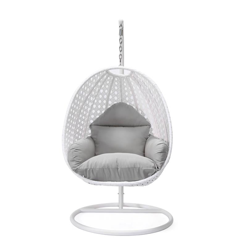 LeisureMod White Wicker Patio Egg Swing Chair with Stand in Light Grey