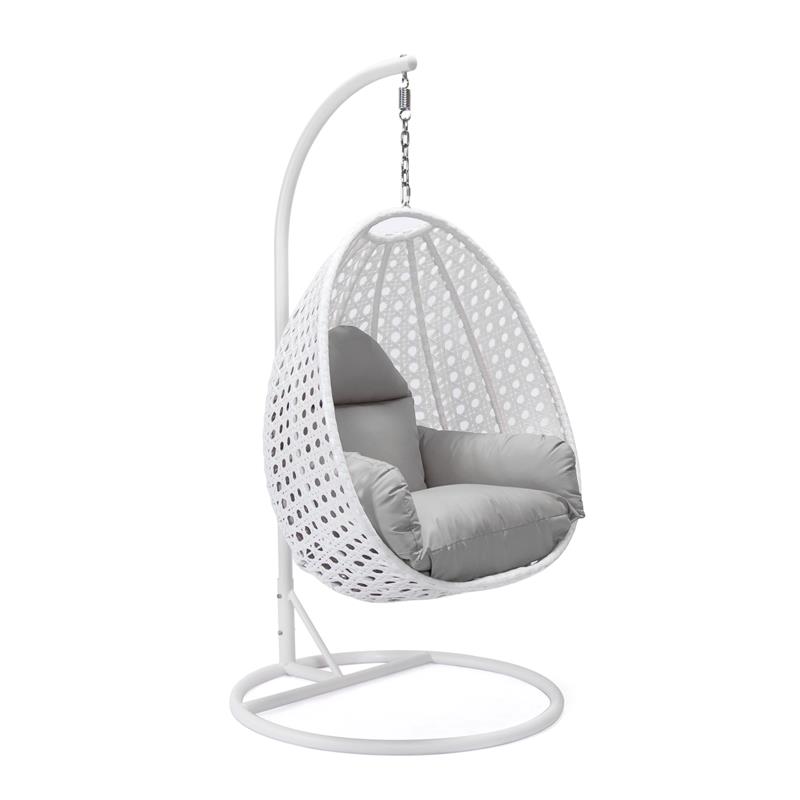 LeisureMod White Wicker Patio Egg Swing Chair with Stand in Light Grey