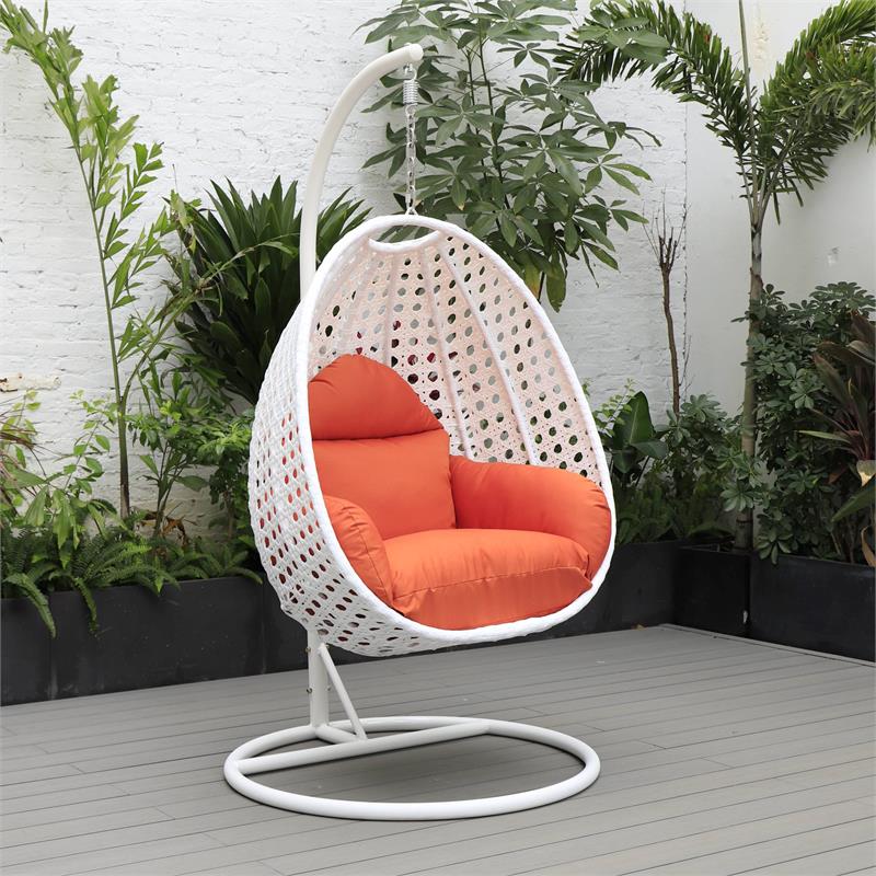 LeisureMod White Wicker Patio Egg Swing Chair with Stand in Orange