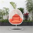 LeisureMod White Wicker Patio Egg Swing Chair with Stand in Orange