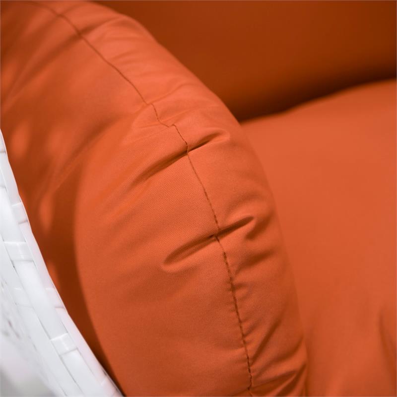LeisureMod White Wicker Patio Egg Swing Chair with Stand in Orange