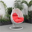 LeisureMod White Wicker Patio Egg Swing Chair with Stand in Red