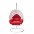 LeisureMod White Wicker Patio Egg Swing Chair with Stand in Red
