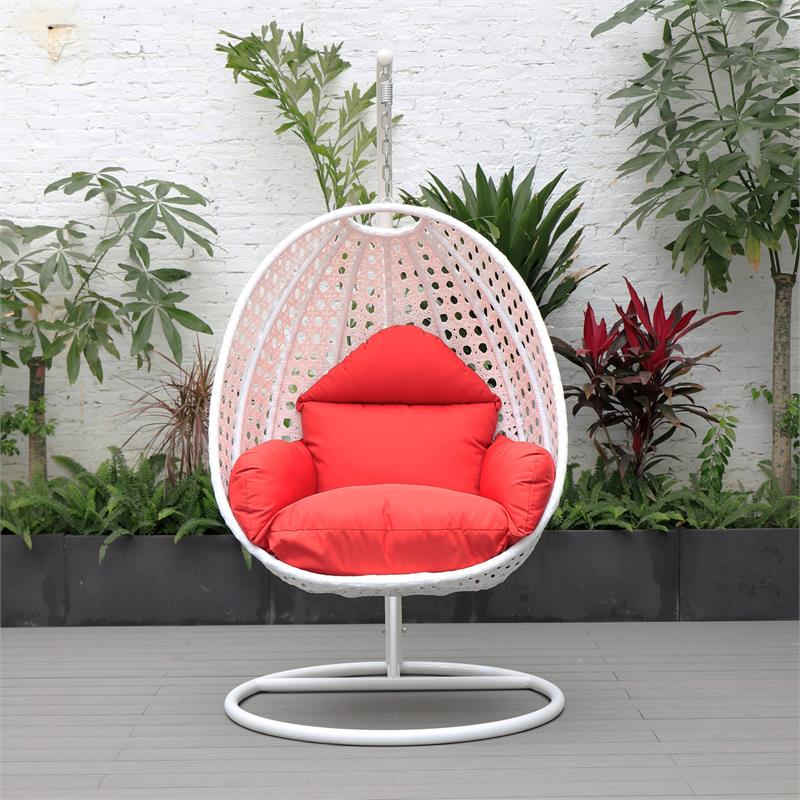 LeisureMod White Wicker Patio Egg Swing Chair with Stand in Red