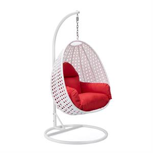 LeisureMod White Wicker Patio Egg Swing Chair with Stand in Red