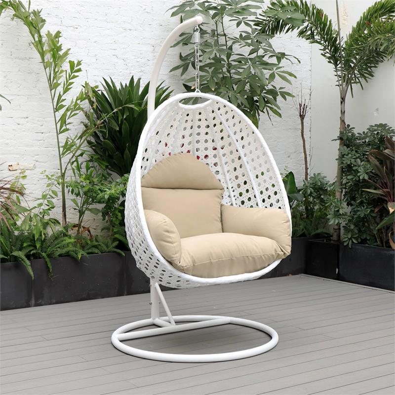 LeisureMod White Wicker Patio Egg Swing Chair with Stand in Taupe