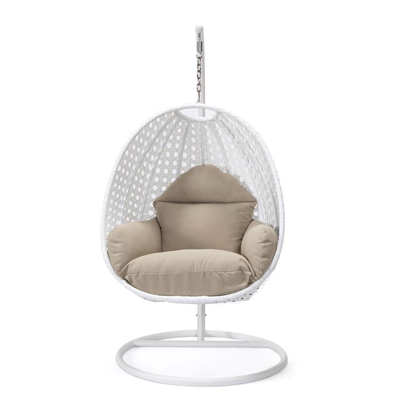LeisureMod White Wicker Patio Egg Swing Chair with Stand in Taupe