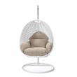 LeisureMod White Wicker Patio Egg Swing Chair with Stand in Taupe
