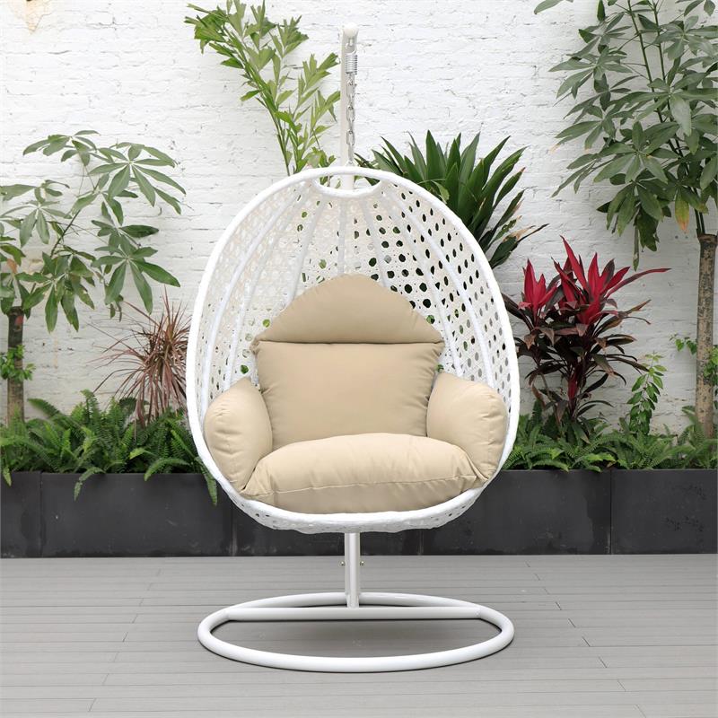 LeisureMod White Wicker Patio Egg Swing Chair with Stand in Taupe