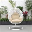 LeisureMod White Wicker Patio Egg Swing Chair with Stand in Taupe