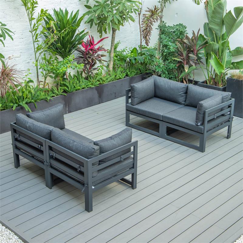 LeisureMod Chelsea 4-Piece Patio Sectional Loveseat Set with Black Cushions